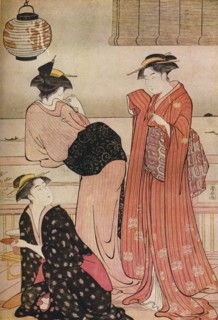 'Three girls on the veranda of a tea-house overlooking Edo Bay at Shinagawa', c1752-1815. Artist: Torii Kiyonaga.