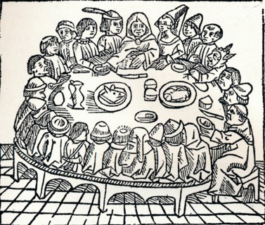 'The Canterbury Pilgrims sitting down for a shared meal', 1485. Artist: William Caxton.