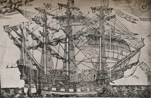 A woodcut of a ship which is believed to be The Ark Royal, c1587. Artist: Unknown.