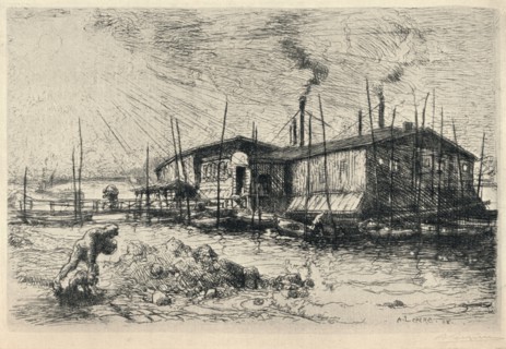 'Old Washing-boats at Grenelle', 1915. Artist: Auguste Lepere.