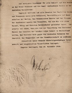 Document confirming the abdication of Kaiser Wilhel II of Germany, 9 November 1918 (1935).  Artist: Unknown.