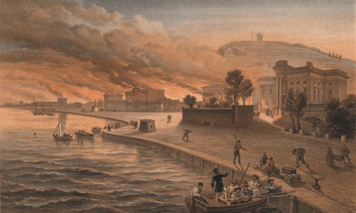 'Burning of the Government Buildings at Kertch, 9th June 1855', 1856. Artist: Thomas Picken.
