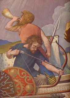 'King Alfred's long-ships defeat the Danes 877', 1925-1927. Artist: Colin Unwin Gill.
