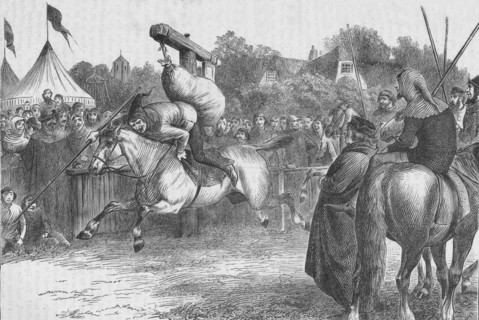 English merry-making in the 14th century: tilting at the quintain, 1905.  Artist: Unknown.