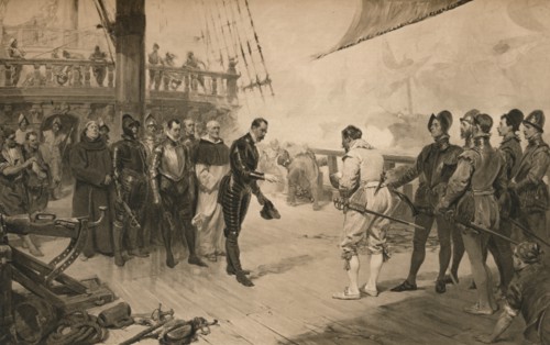 The surrender of Don Anton to Sir Francis Drake, 1 March 1579 (1905). Artist: Unknown.