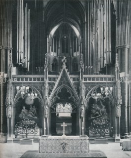 'Westminster Abbey, London, showing Benno Elkan's Old Testament and New Testament Candelabra', c1942 Artist: Unknown.