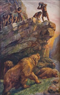 Prehistoric men attacking great cave bears, 1907. Artist: Unknown.