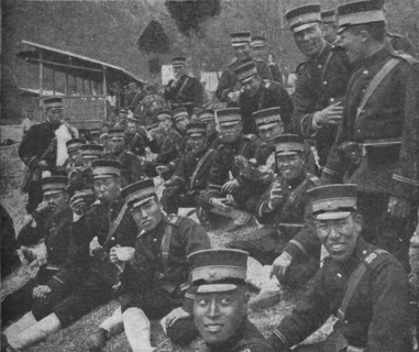 Japanese soldiers on the way to the front: the noonday meal of tea and rice, 1904-1905 (1907). Artist: Unknown.