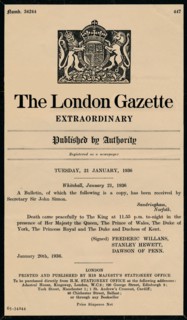 An extraordinary bulletin by The London Gazette anouncing the death of King George V (1865-1936). Artist: Unknown.