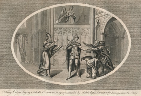 King Edgar laying aside his crown on being repremanded by Archbishop Dunstan, c960s (1793). Artist: Unknown.