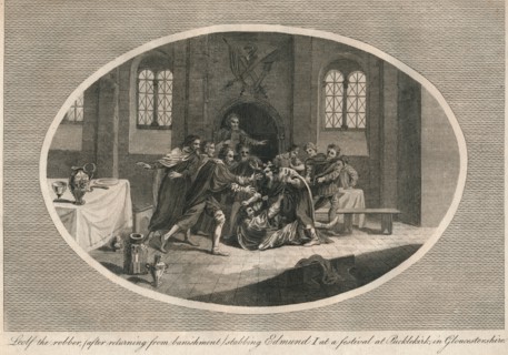 Leofa the robber stabbing Edmund I at a festival at Pucklekirk, Gloucestershire 946 (1793). Artist: Unknown.