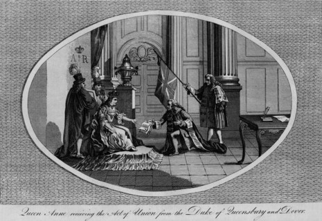 Queen Anne receiving the Act of Union from the Duke of Queensberry, 1707 (1793). Artist: Unknown.