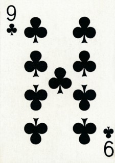 9 of Clubs from a deck of Goodall & Son Ltd. playing cards, c1940. Artist: Unknown.