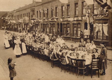 ' A children's tea party in an East End Street in London, to celebrate the Treaty of Versailles at t Artist: Unknown.