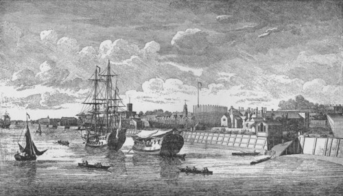 'Woolwich Dockyard from the Thames', c1750, (1912). Artists: Unknown, John Boydell.