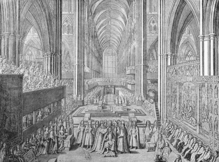 The Coronation of James II in Westminster Abbey, London, 1685 (1903). Artist: William Sherwin.