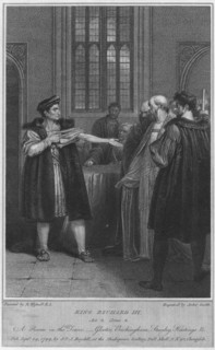 'King Richard III. Act 3. Scene 4. A Room in the Tower - Gloucester, Buckingham, Stanley, Hastings & Artist: Anker Smith.