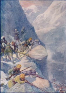 'Crushed by Rolling Stones, Mown Down by Volleys of Musket-Shot The Men Fell In Hundreds', 1908, (c1 Artist: Joseph Ratcliffe Skelton.