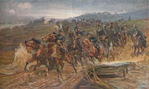 'French Artillery Crossing the River Aisne, September, 1914', 1915 (1928). Artist: John Charlton.