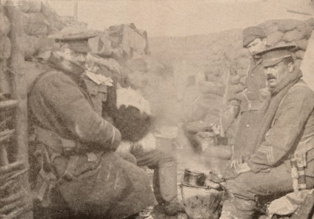 Dinner in the trenches, c1915 (1928). Artist: Unknown.
