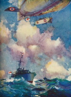 'A coast patrol airship sending a despatch by motor launch', c1919 (1919).. Artist: Frank Henry Mason.