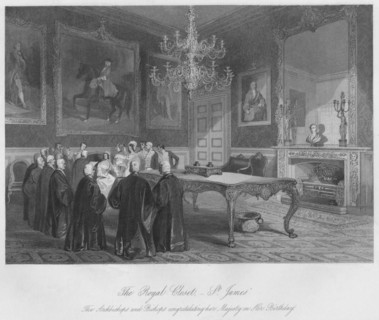 'The Royal Closet. - St. James's. The Archbishops and Bishops congratulating her Majesty on Her Birt Artist: Henry Melville.