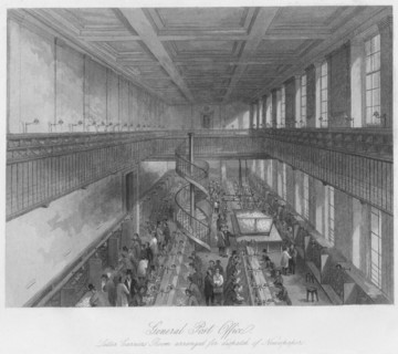 'General Post Office. Letter Carriers Room arranged for dispatch of Newspapers', c1841. Artist: Thomas H Ellis.