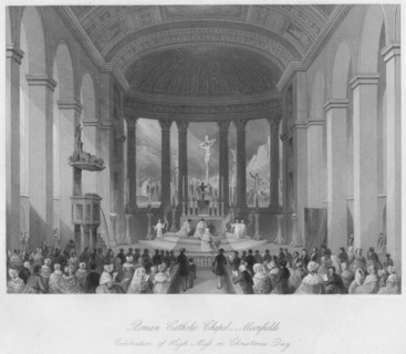'Roman Catholic Chapel, Moorfields. Celebration of High Mass on Christmas Day', c1841. Artist: Henry Melville.