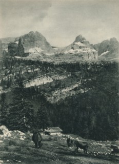 View of the Brenta Group with alpine pasture, Madonna di Campiglio, Dolomites, Italy, 1927. Artist: Eugen Poppel.