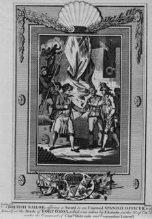 'A British Sailor offering a Sword to an unarmed Spanish Officer to defend himself, at the Attack of Artist: William Thornton.