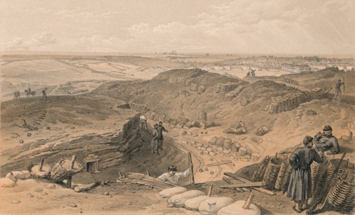 'Ditch of the Malakoff, Battery Gervais, and Rear of Redan', 1856. Artist: Thomas Picken.