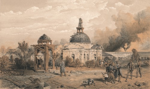 'Church in the Rear of the Redan, Looking North - Showing the Effects of Shot and Shell', 1856. Artist: W Trask.