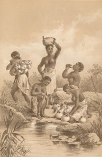 'Women Filling Egg Shells and Skins with Water', c1880. Artist: Unknown.