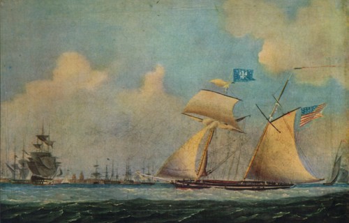 'An American privateer schooner and other vessels near a harbour', c1815. Creator: Burton.