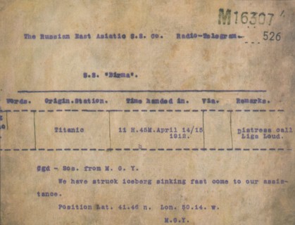 Titanic - Iceberg Telegram, 1912. Artist: Unknown.