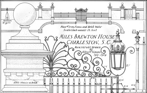 Plan of iron fence and brick walls, Miles Brewton House, Charleston, South Carolina, 1926. Artist: Albert Simons.