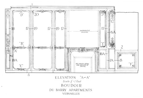 Elevation of the boudoir, Du Barry Apartments, Versailles, 1926. Artist: Unknown.
