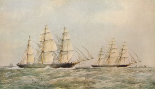 'The Great China Race. The Clipper Ships Taeping and Ariel passing the Lizard, Cornwall, 1866. Artist: Thomas Goldsworth Dutton.