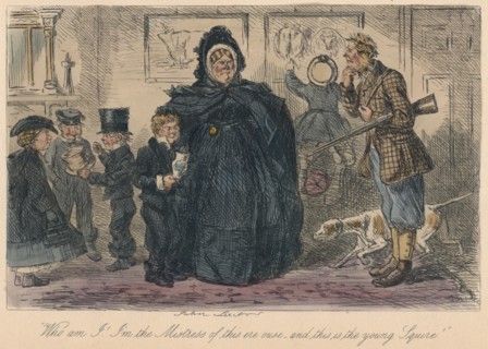 Who am I! I'm the Mistress of this ere ouse, and this is the young Squire!, 1865. Artist: John Leech.