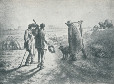'Two Travellers, who have lost their way, asking a shepherd to direct them', 19th century, (1912).  Artist: Jean Francois Millet.
