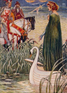 'King Arthur asks the Lady of the Lake for the sword Excalibur', 1911.  Artist: Walter Crane.