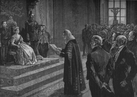 'Peers and Commoners Presenting Patriotic Address to the Queen on Eve of the Crimean War', 1891. Artist: Henry Gillard Glindoni.