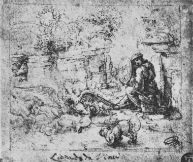 'Allegory: Animals Fighting and a Man with a Burning-Glass', c1480 (1945). Artist: Leonardo da Vinci.