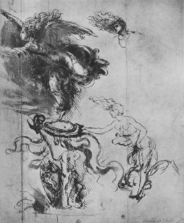 'An Angel Placing a Shield on a Trophy and Separate Studies of the Angel', c1480 (1945). Artist: Leonardo da Vinci.