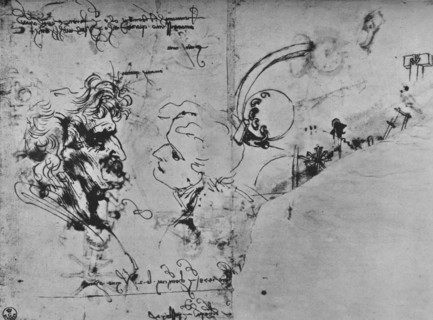 'Two Profiles and Studies of Machinery', c1480 (1945). Artist: Leonardo da Vinci.