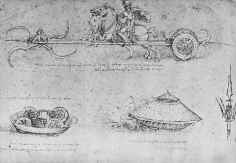 'A Chariot Armed with Scythes, Two Drawings of a Sort of Tank and a Partisan', c1480 (1945). Artist: Leonardo da Vinci.