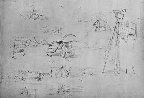 'Chariots Armed with Scythes and Flails and Horseman with Three Lances', c1480, (1945). Artist: Leonardo da Vinci.