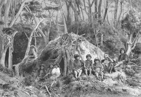 'Fuegians and their Wigwams',  c1885, (1890). Artist: Robert Taylor Pritchett.