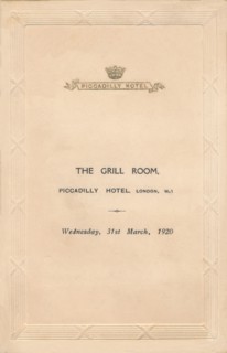 A menu for The Grill Room of the Piccadilly Hotel, London, 1920. Artist: Unknown.