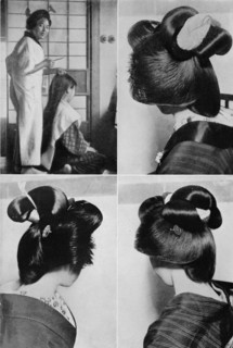 ''It takes two hours for a geisha's hairstyle, the coiffure, lasts several days', c1900, (1921).  Artist: Julian Leonard Street.